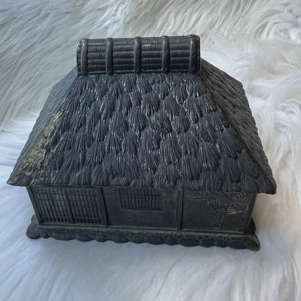 Antique Japanese Metal Trinket Box Thatched Roof Cottage Minka Made in Japan 579